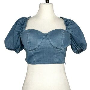 Haute Monde Bustier Style Puff Sleeve Crop Top Sz Small Blue Denim Padded
